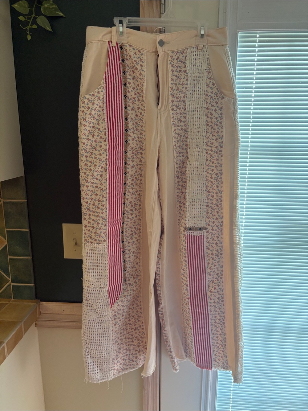 Boho Patchwork Wide Leg Pants in Cream with Pink Stripes